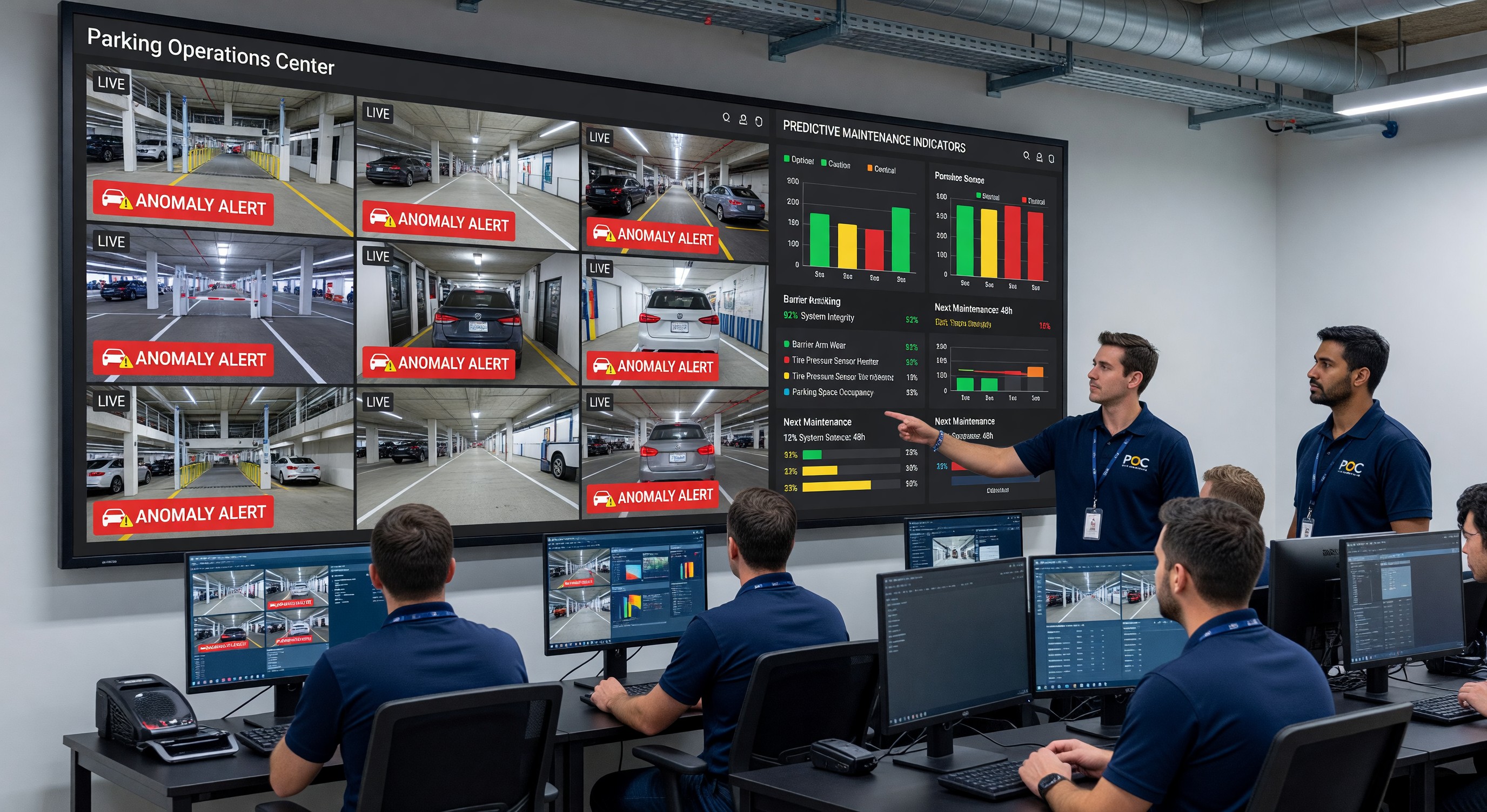 Parking operations center with AI-assisted monitoring dashboard displaying anomaly alerts and predictive maintenance indicators