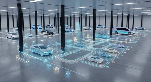 Futuristic parking facility with AI visualization overlays