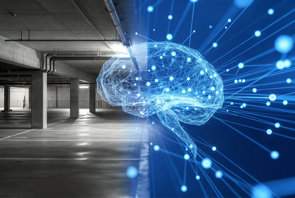 Futuristic parking facility with AI visualization overlays