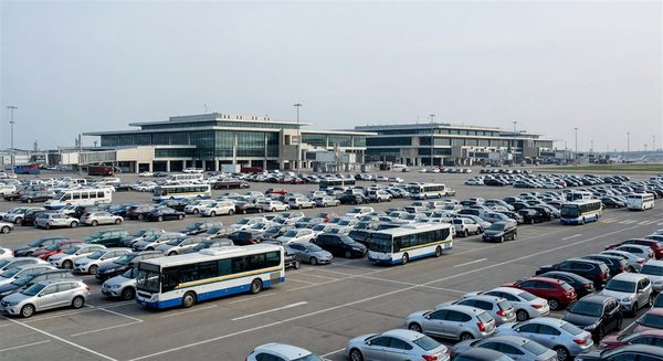 Large airport parking lot with terminal buildings and shuttle buses