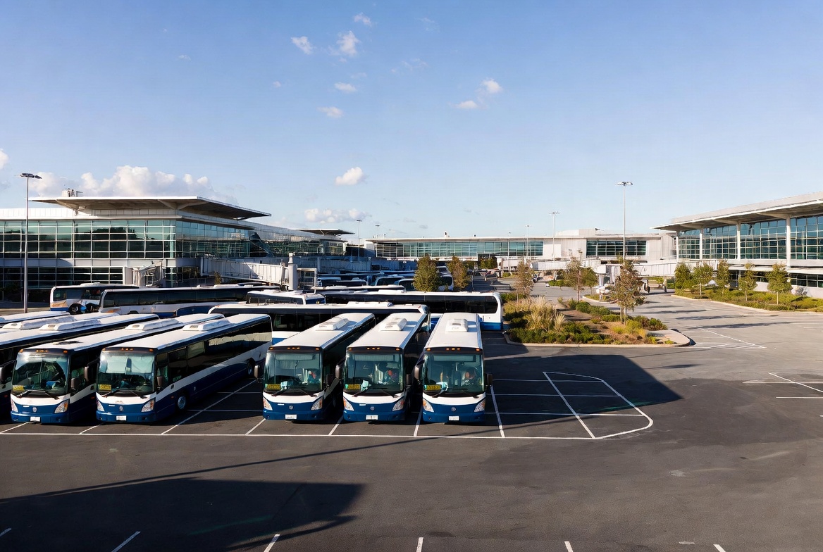 Large airport parking lot with terminal buildings and shuttle buses