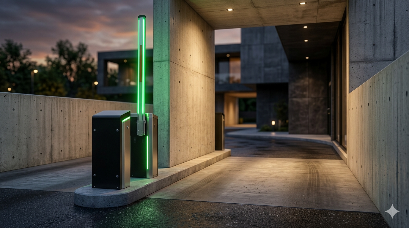Modern parking barrier gate arm with LED lights at garage entrance