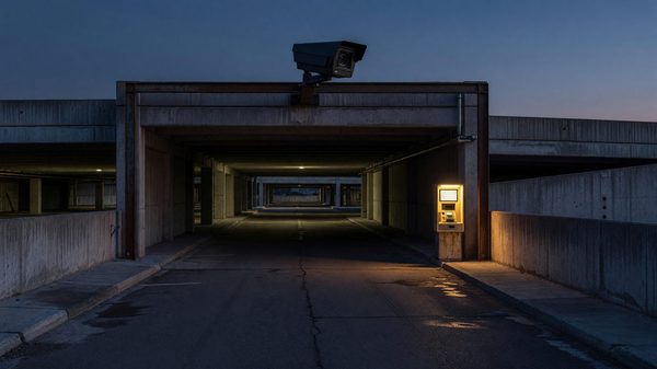 Parking garage entrance with overhead license plate recognition camera and ticket kiosk