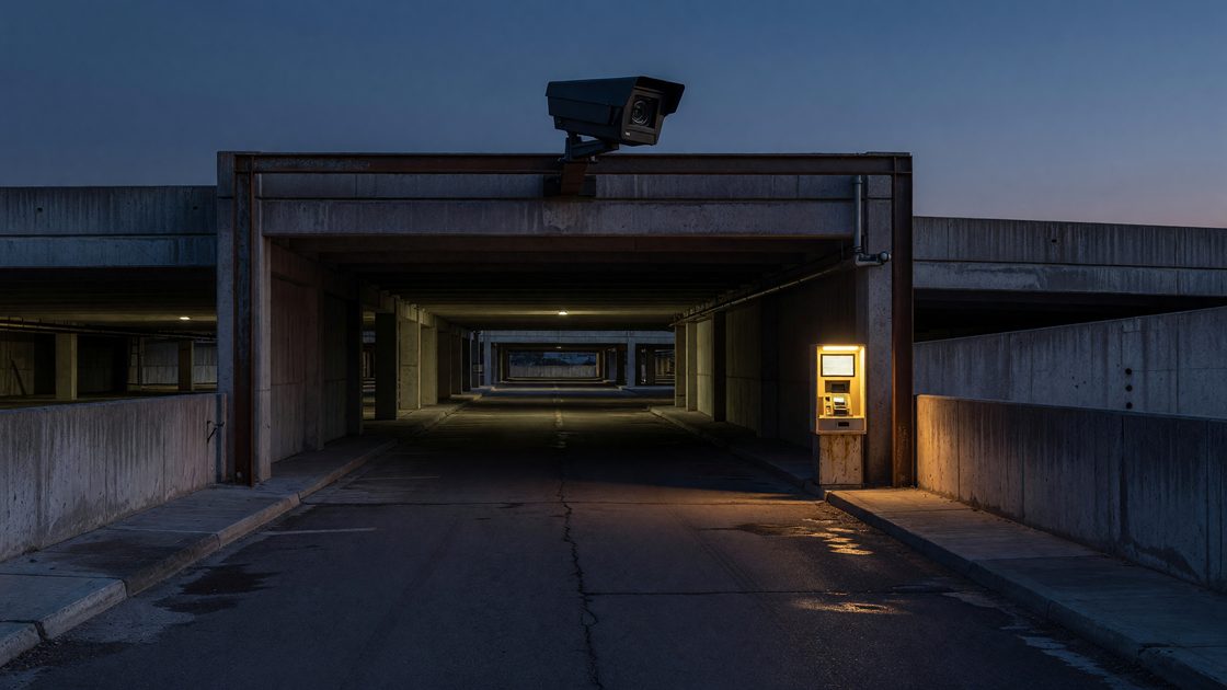 Parking garage entrance with overhead license plate recognition camera and ticket kiosk