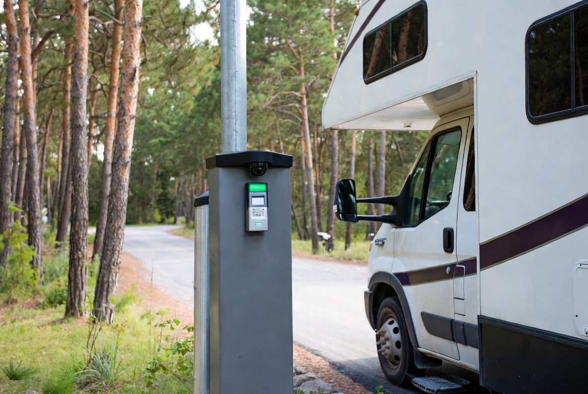 RV entering campground through modern access control gate