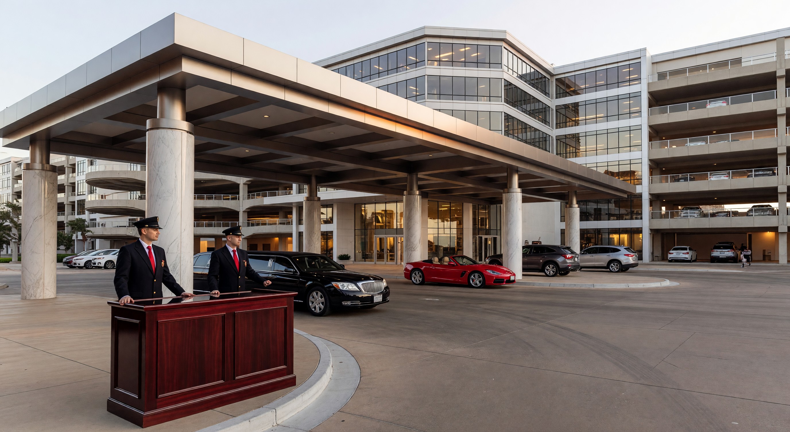 Large casino resort entrance with valet stand, covered drive, and multi-level parking structure