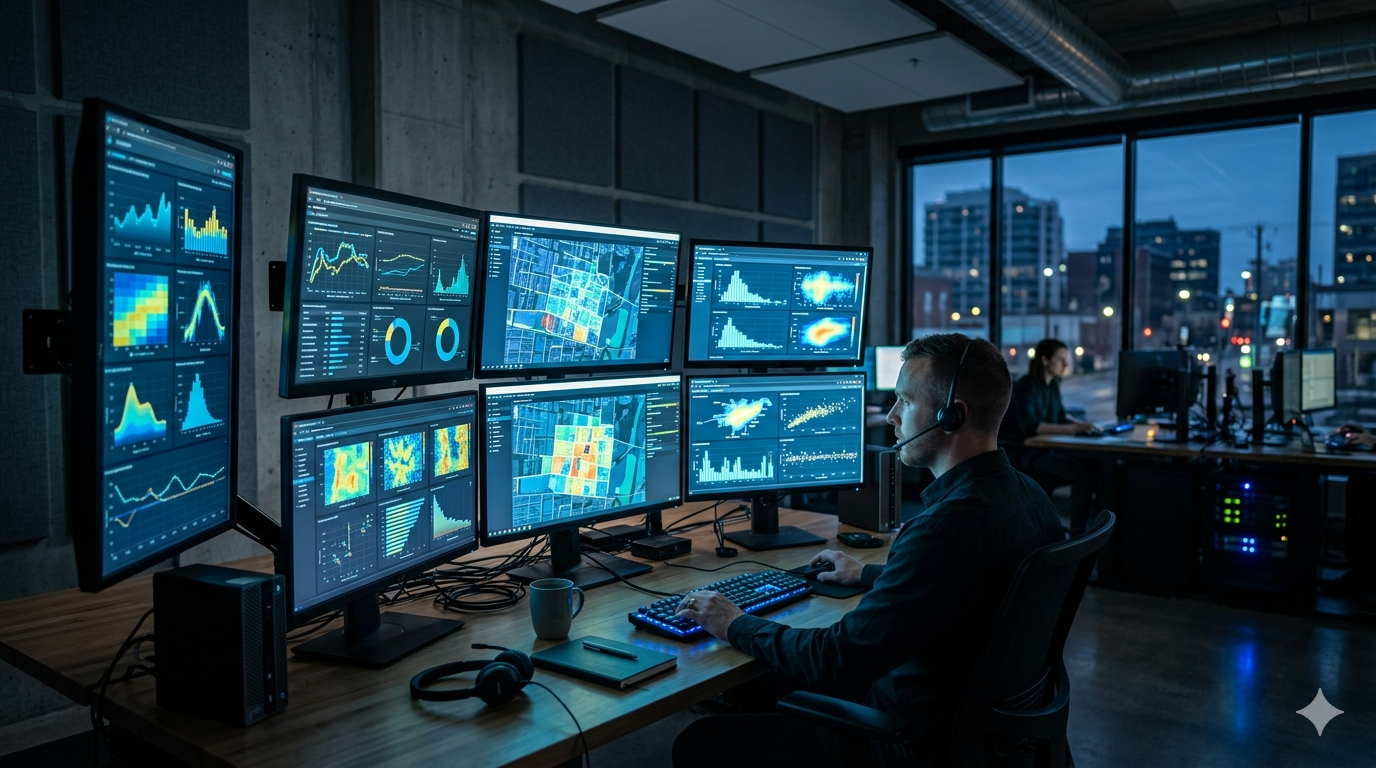 Modern office with monitors showing parking management dashboards
