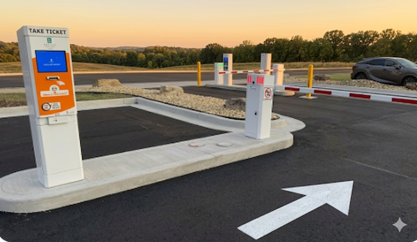 Parking garage entrance with barrier gate and ticket dispenser