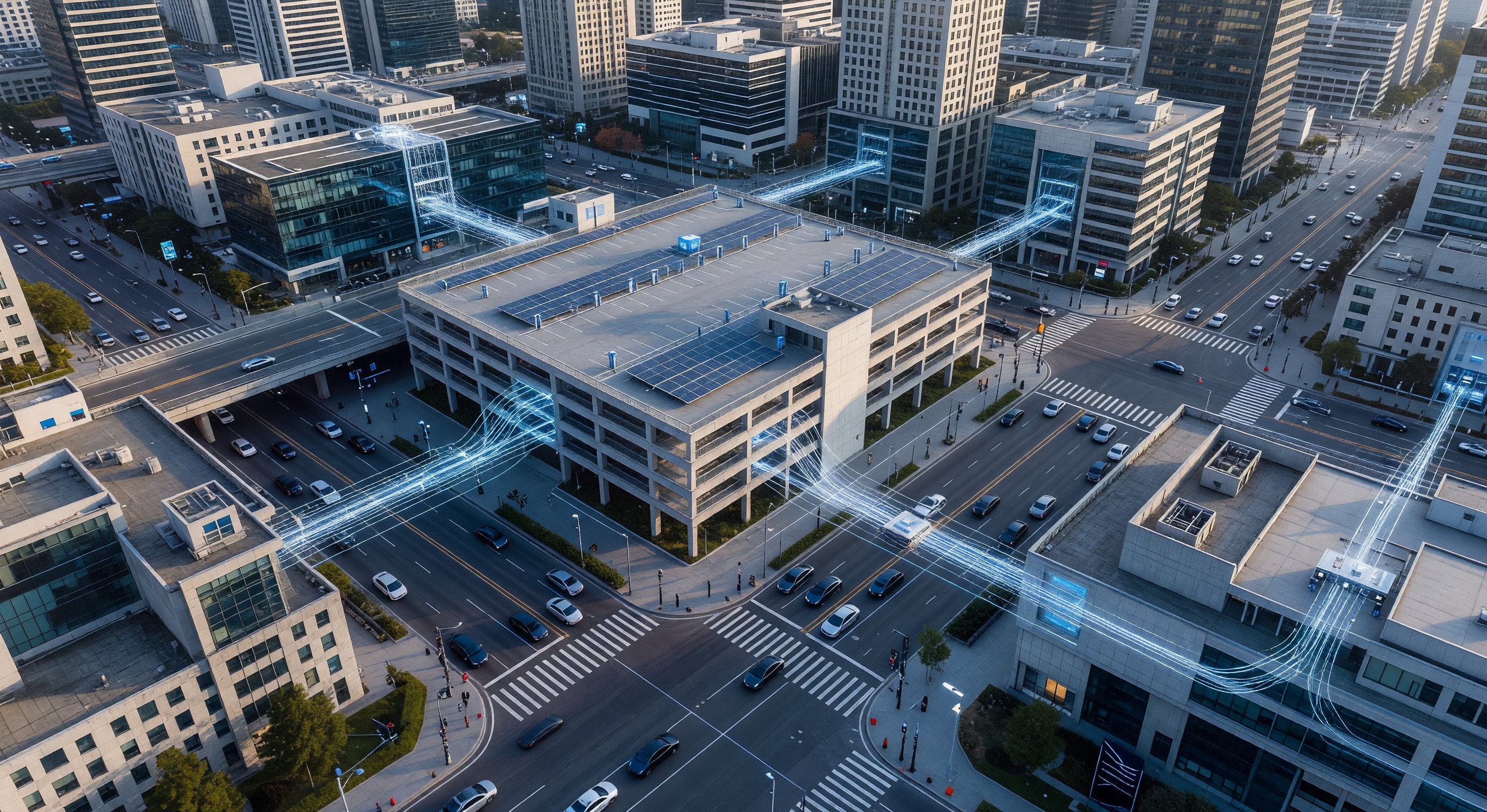 Aerial view of smart city infrastructure showing parking facility with data connections to traffic management systems
