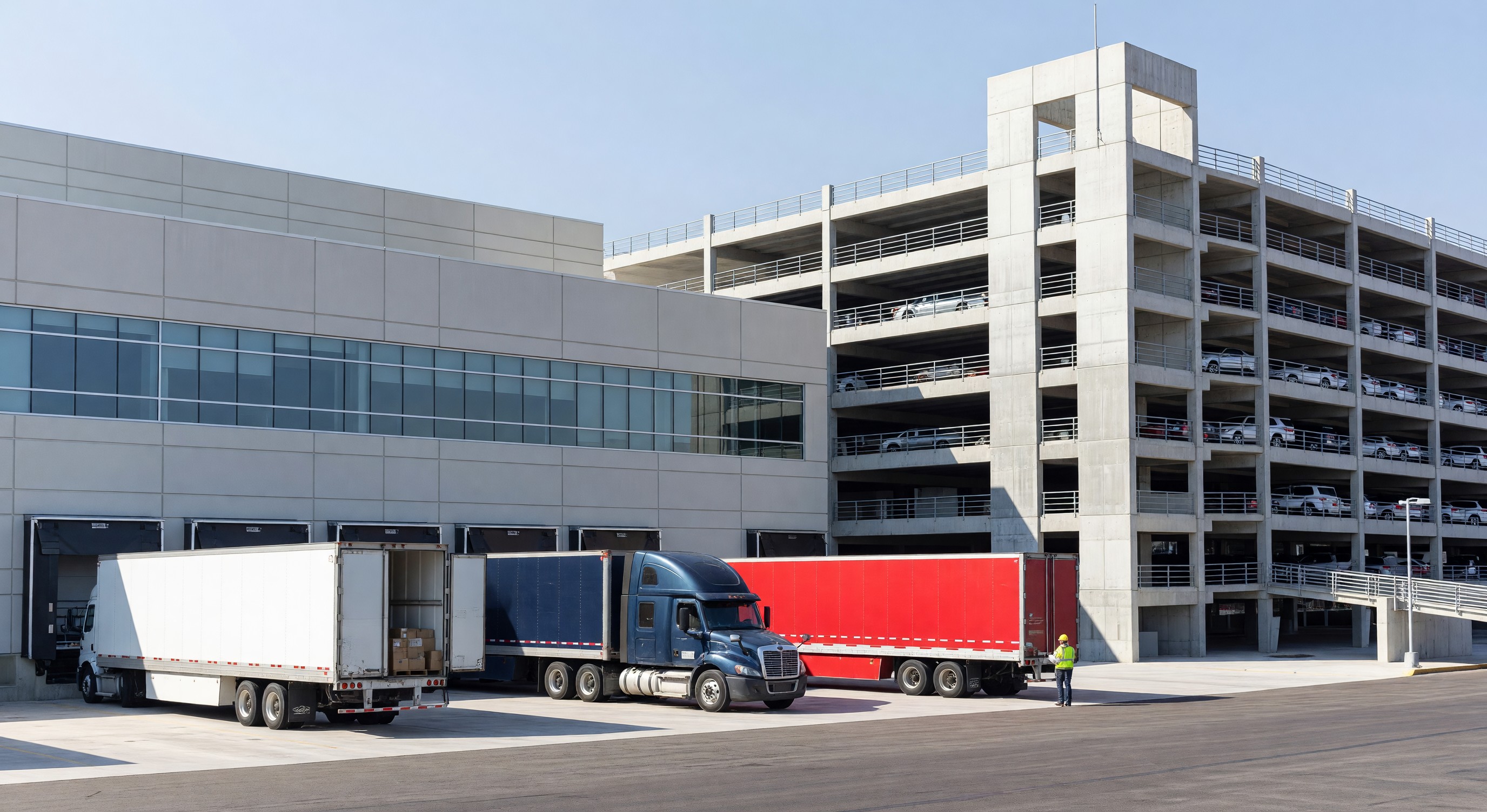 Convention center exterior with multi-level parking structure and delivery trucks at loading dock area