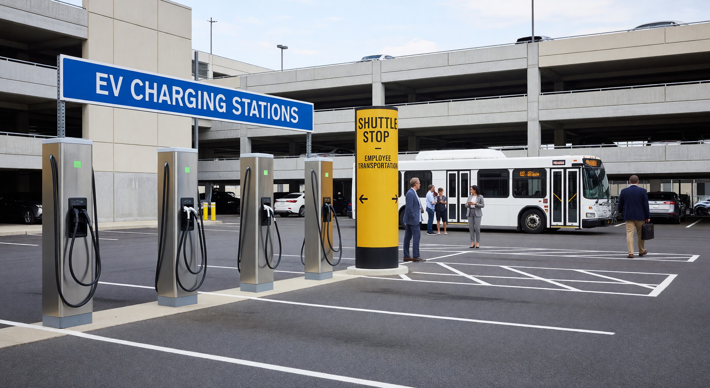 Corporate campus parking structure with EV charging stations and shuttle stop sign for employee transportation