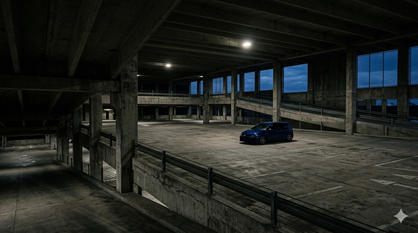 Empty multi-level parking garage with dramatic shadows