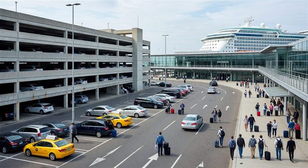 Cruise terminal parking facility with multi-story garage and passenger drop-off area near cruise ship terminal