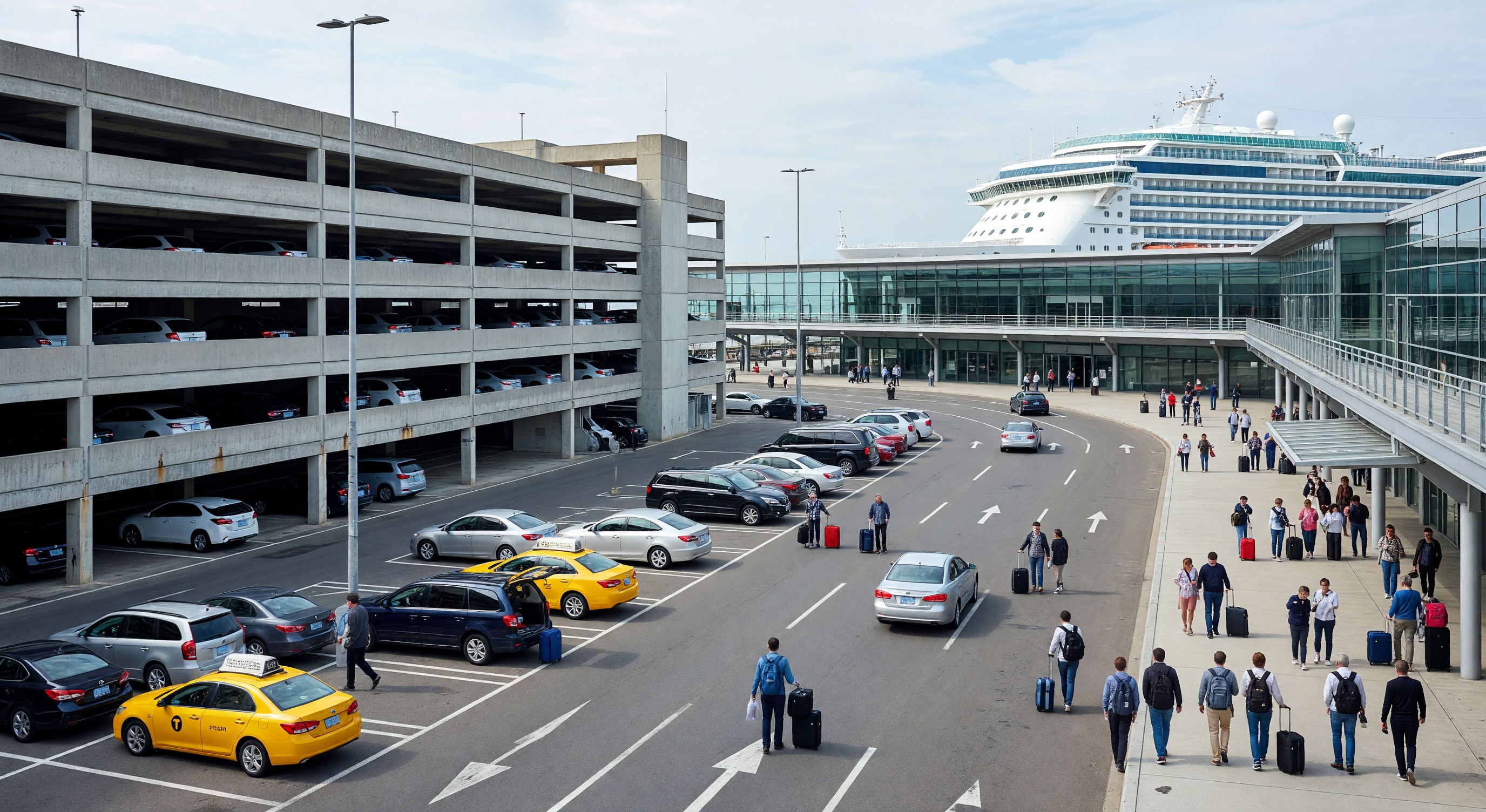 Cruise terminal parking facility with multi-story garage and passenger drop-off area near cruise ship terminal