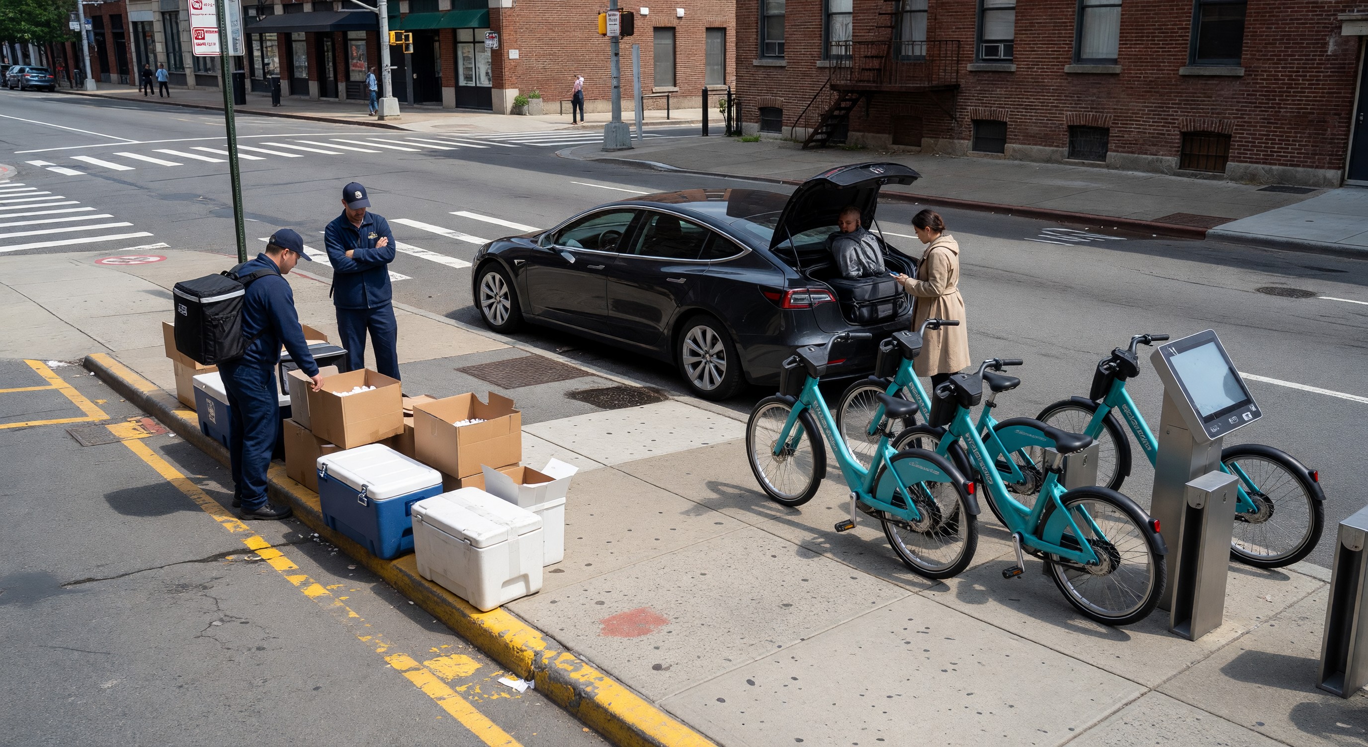 Urban street curb showing multiple competing uses including delivery zone, ride-hailing area, and bike share station