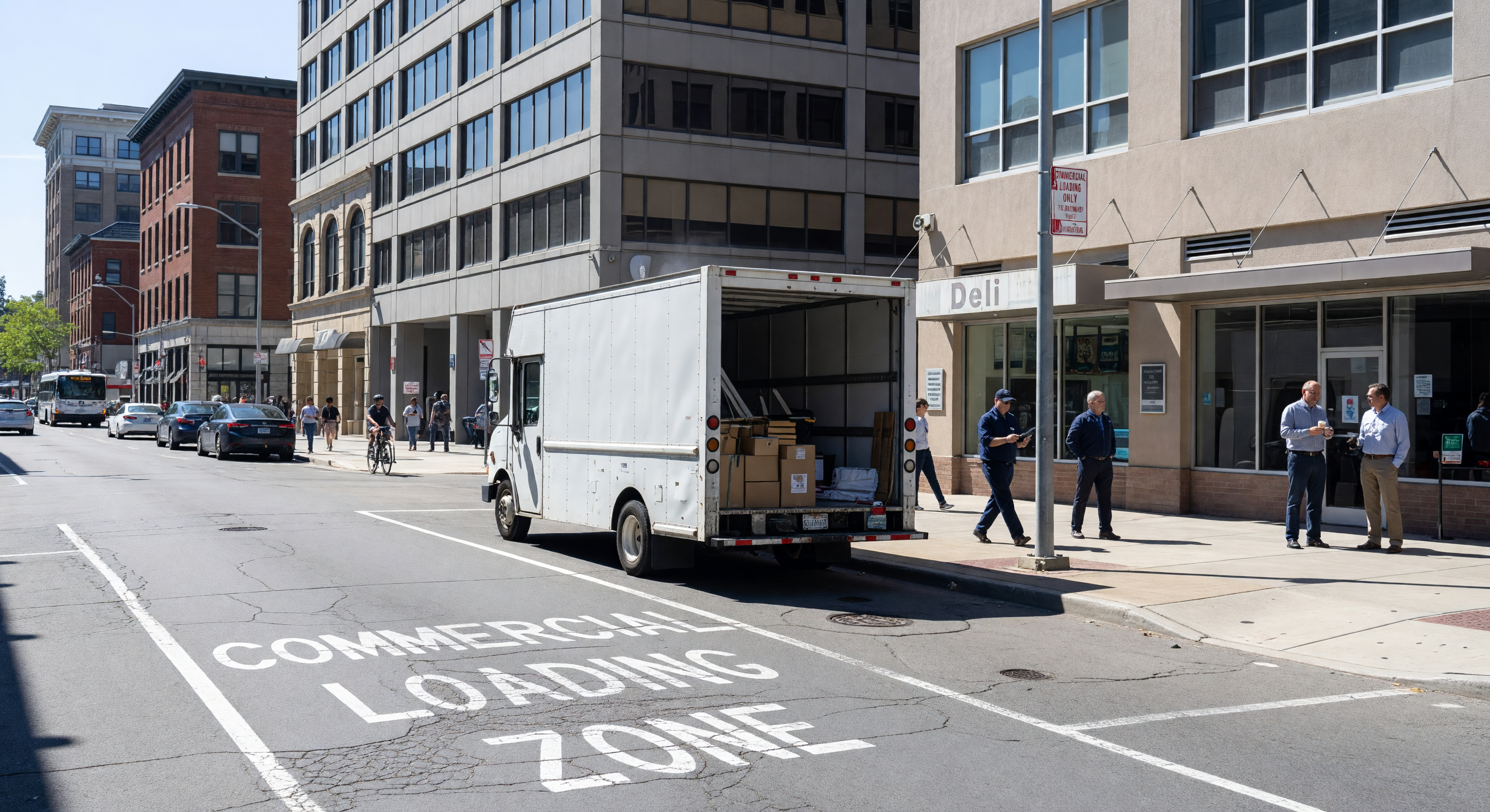 Urban streetscape with designated loading zone and delivery vehicle at the curb
