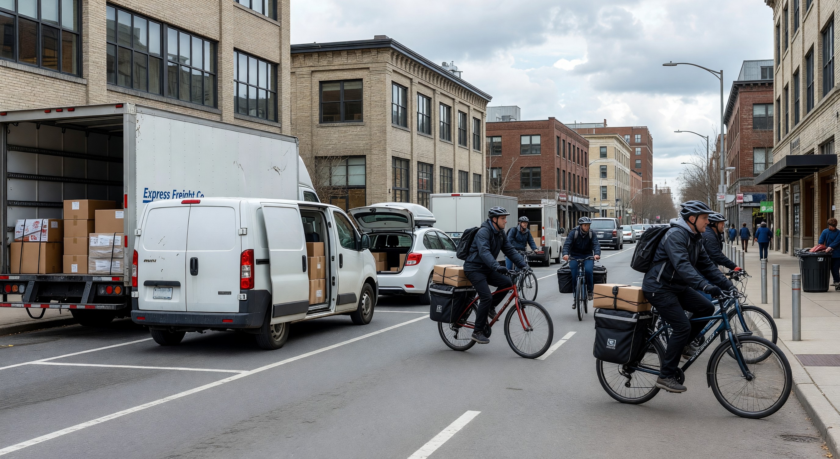 Urban street with delivery vehicles at loading zones and bicycles moving packages on city street