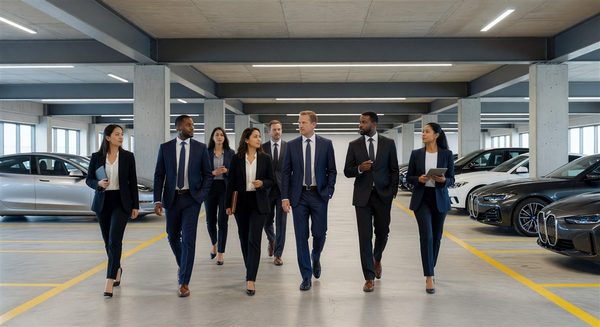 Diverse group of business professionals touring a modern parking facility