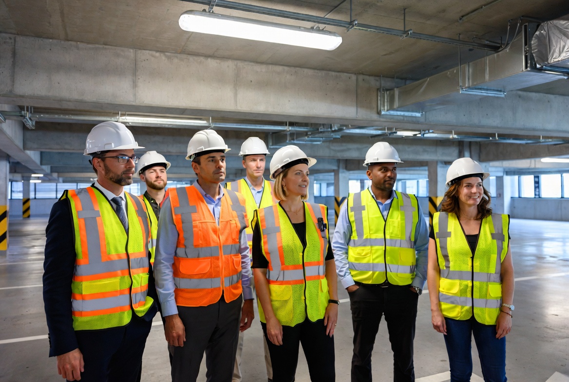 Diverse group of business professionals touring a modern parking facility