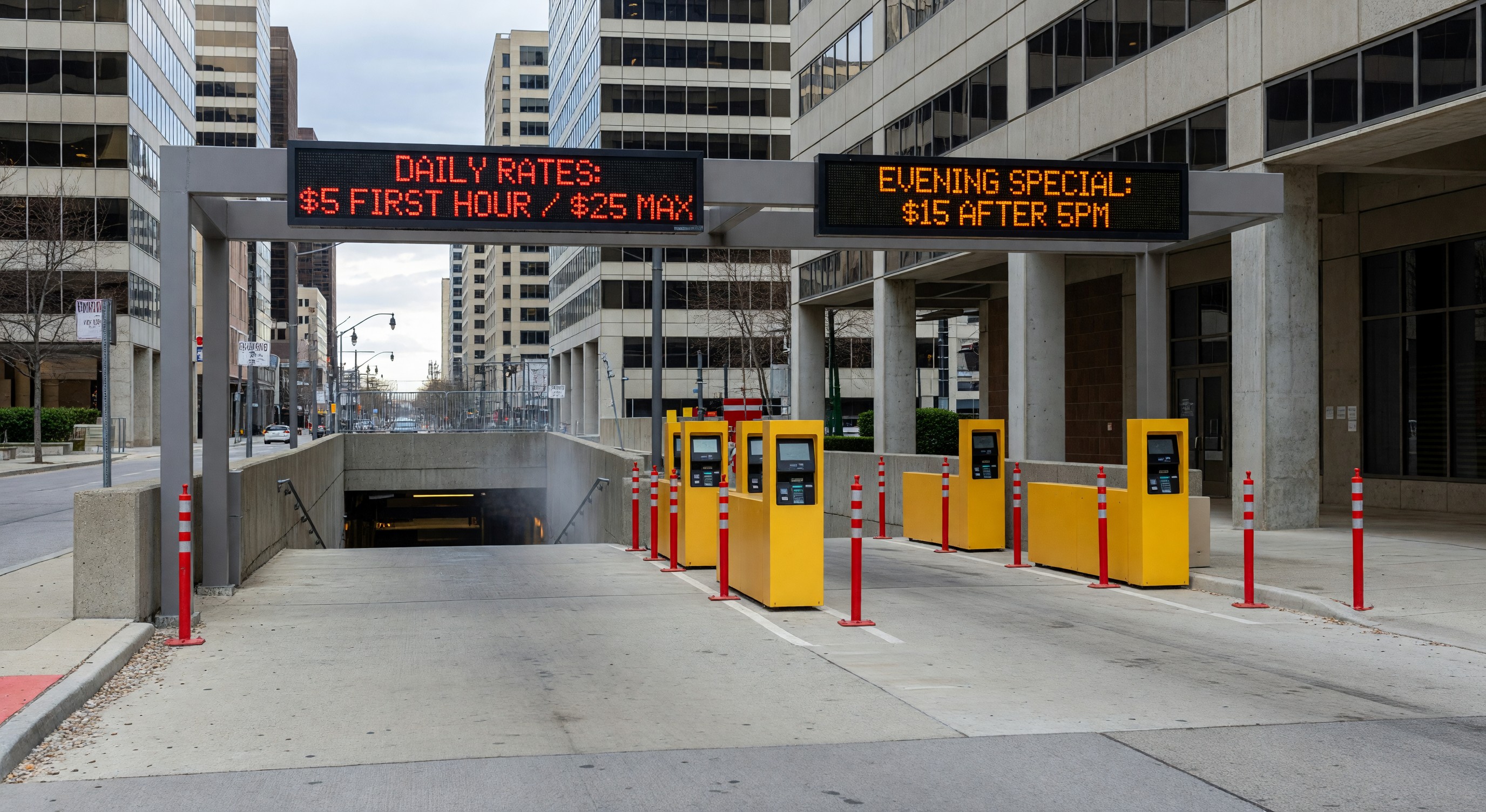 Urban downtown parking garage entrance with electronic rate signs and monthly parking access lanes