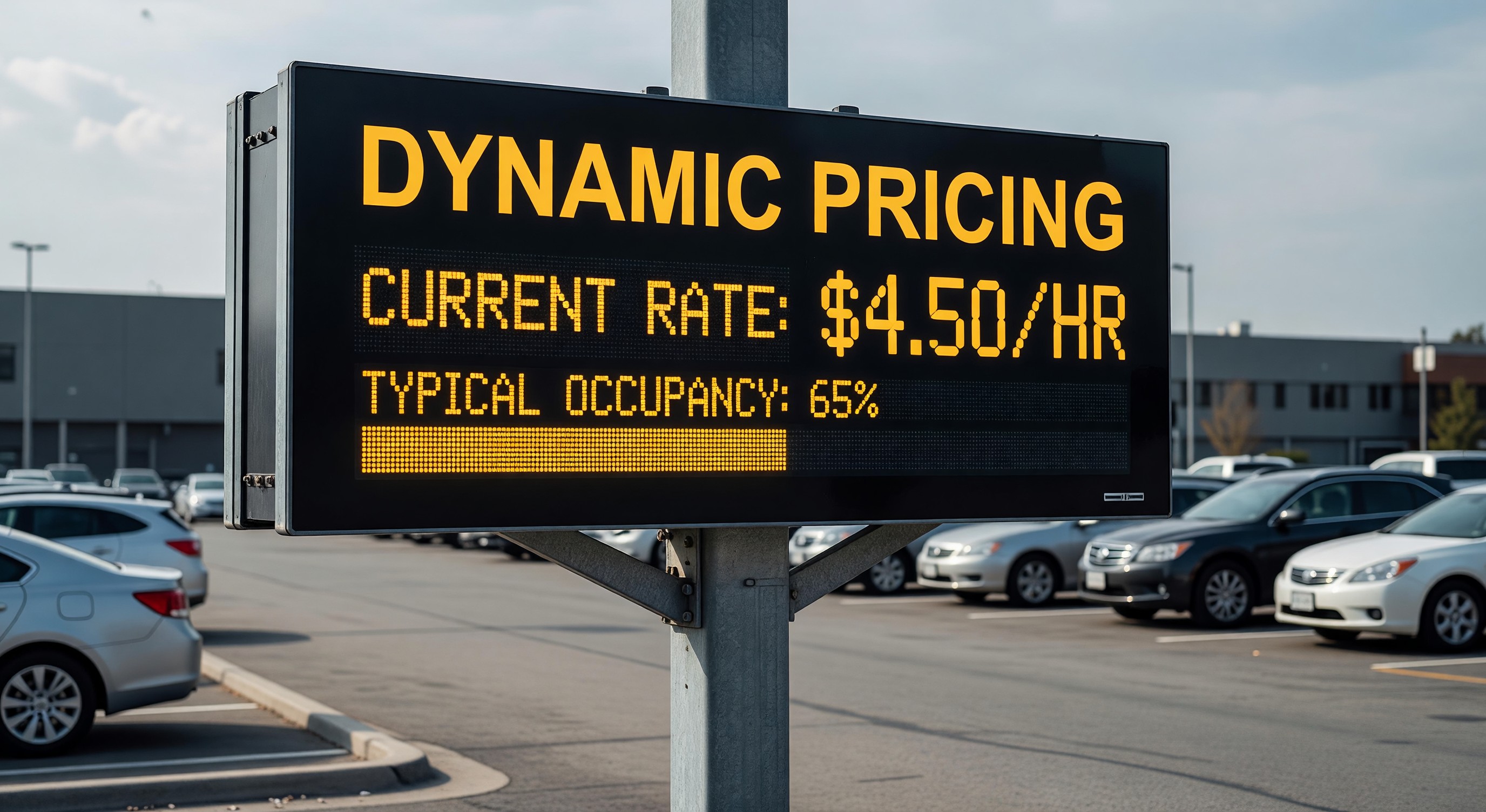 Digital parking rate sign displaying dynamic pricing with current rate and typical occupancy indicator