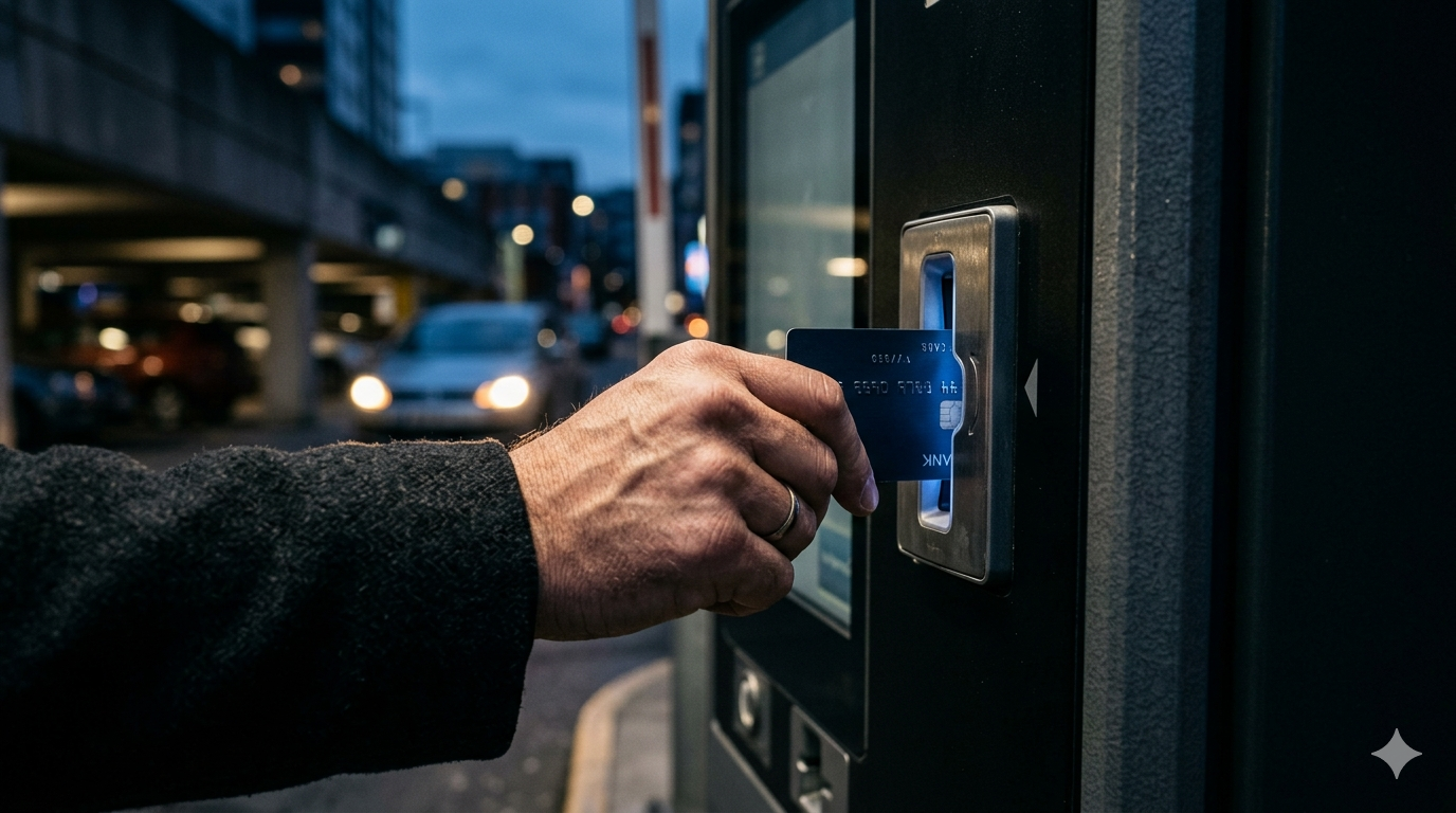 Hand inserting chip credit card into parking pay station terminal