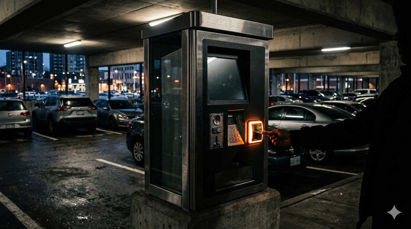Unattended parking pay station with chip card reader at night