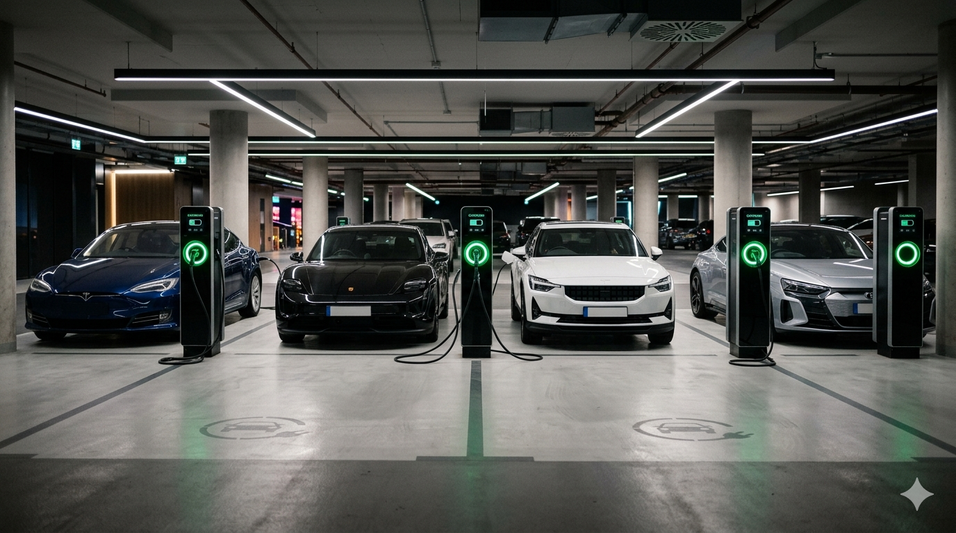 Electric vehicle charging stations in a modern parking garage