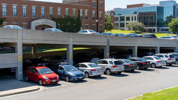 University parking structure with student vehicles and campus buildings in background