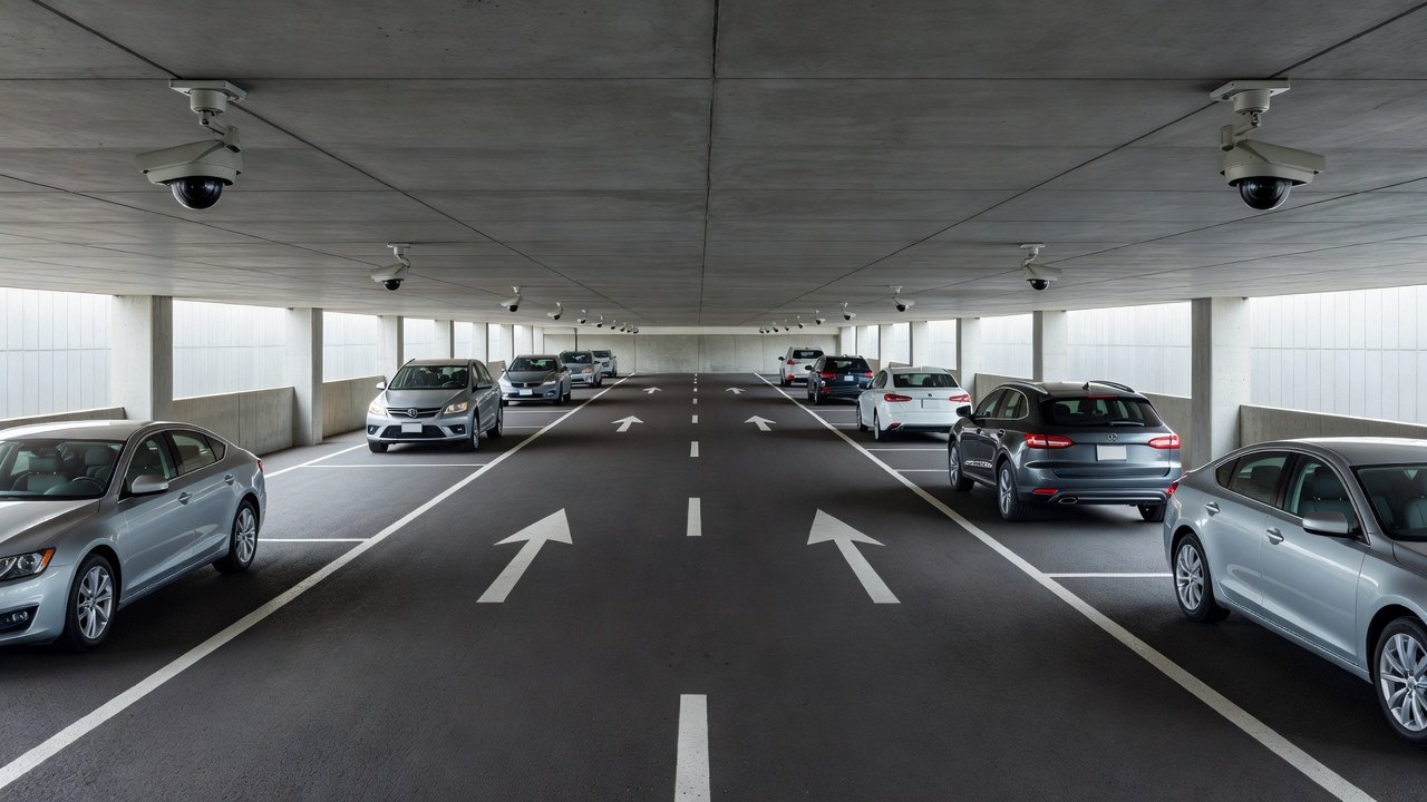 Parking facility entrance lane without gate arm showing open access with overhead cameras