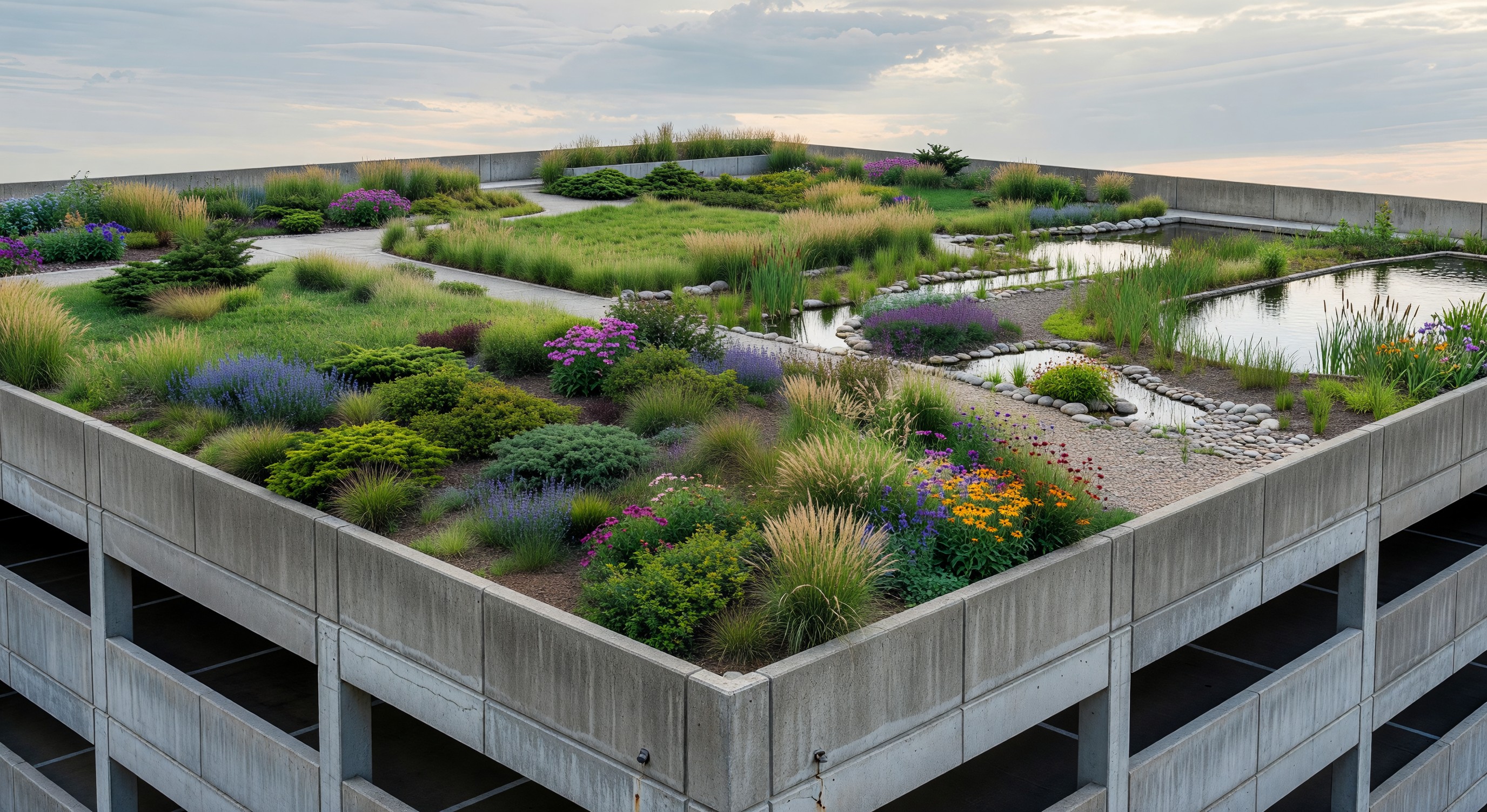 Parking structure with green roof showing planted areas and stormwater management garden