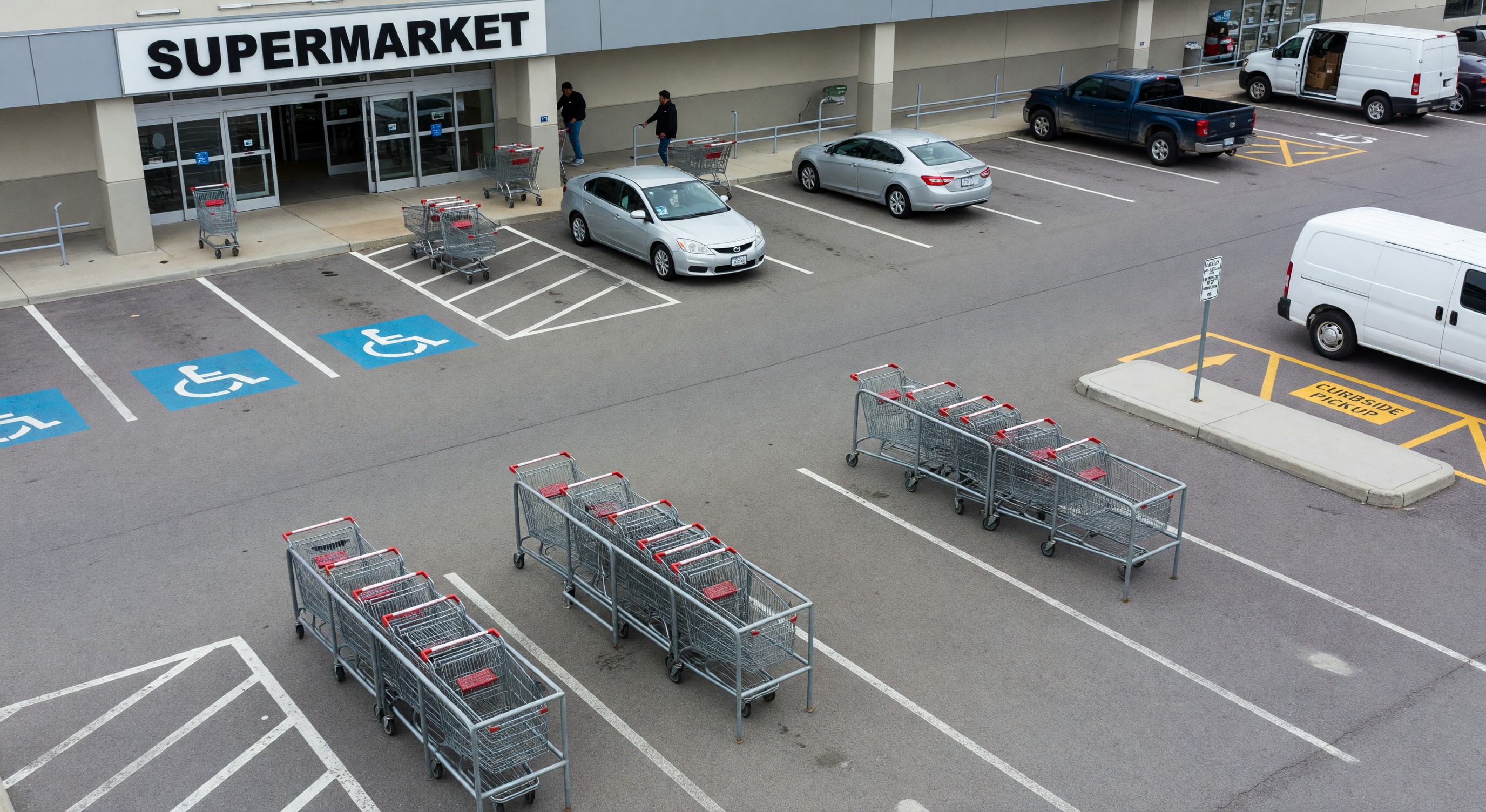 Supermarket parking lot with cart corrals, accessible spaces near entrance, and curbside pickup designated area