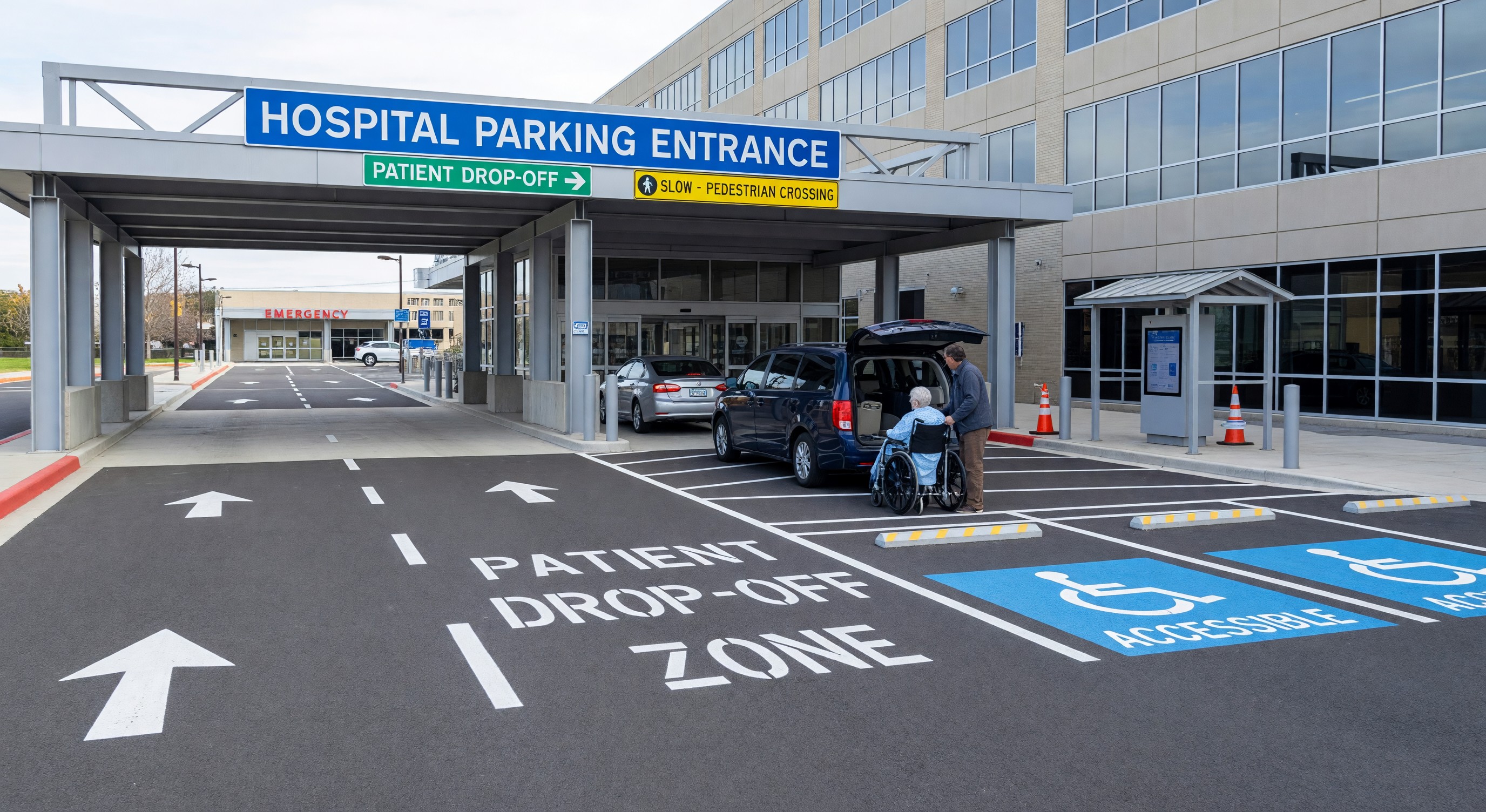 Hospital parking facility entrance with patient drop-off zone, accessible spaces, and wayfinding signage