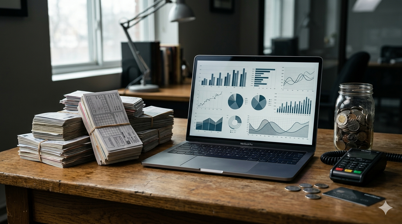 Parking tickets next to a laptop showing financial analytics