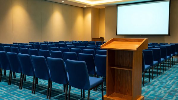 Conference session room with rows of empty chairs facing a lectern and projection screen