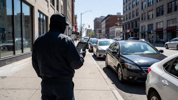 Parking enforcement officer in uniform using a handheld device beside parked cars on a city street
