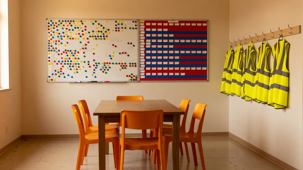Parking operations staff meeting area with a whiteboard, schedule board and shift table
