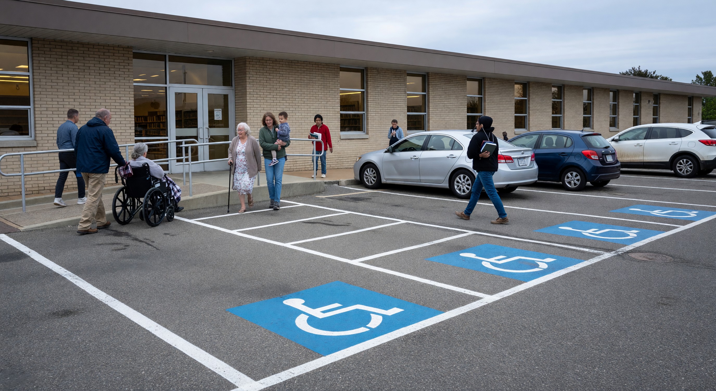 Public library parking lot with accessible spaces near main entrance and community members walking in