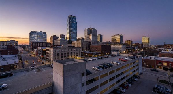 Little Rock Arkansas downtown skyline at dusk with parking structure
