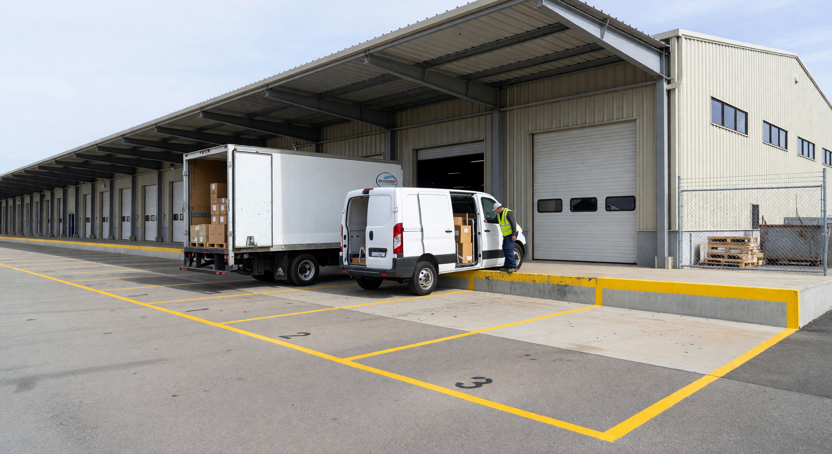 Commercial loading zone with clearly marked berths and delivery vehicle access
