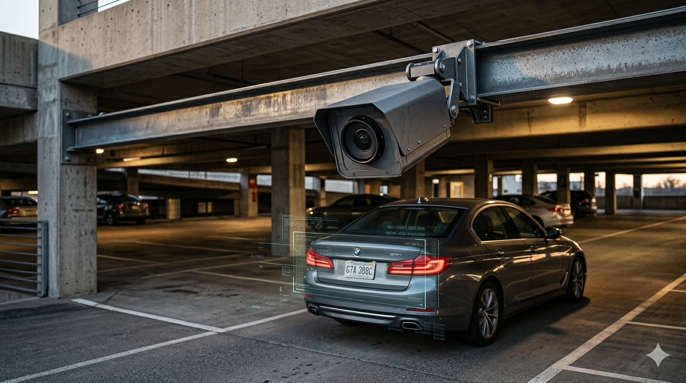 High-tech camera capturing vehicle license plate with data overlay