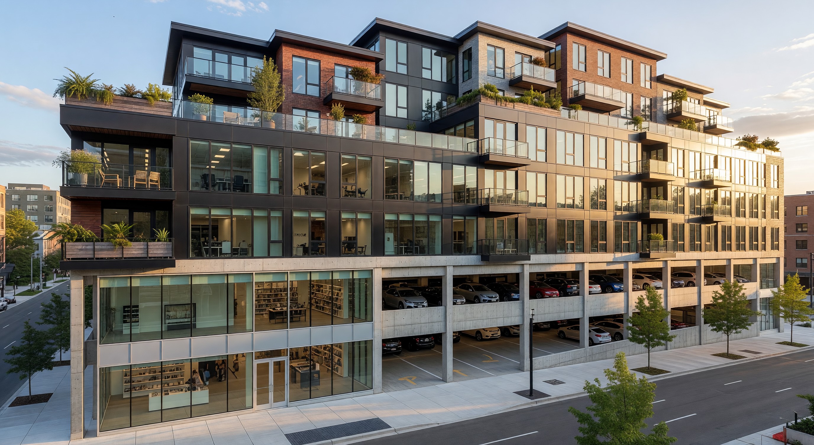 Mixed-use urban development with retail, office, and residential floors above shared parking structure