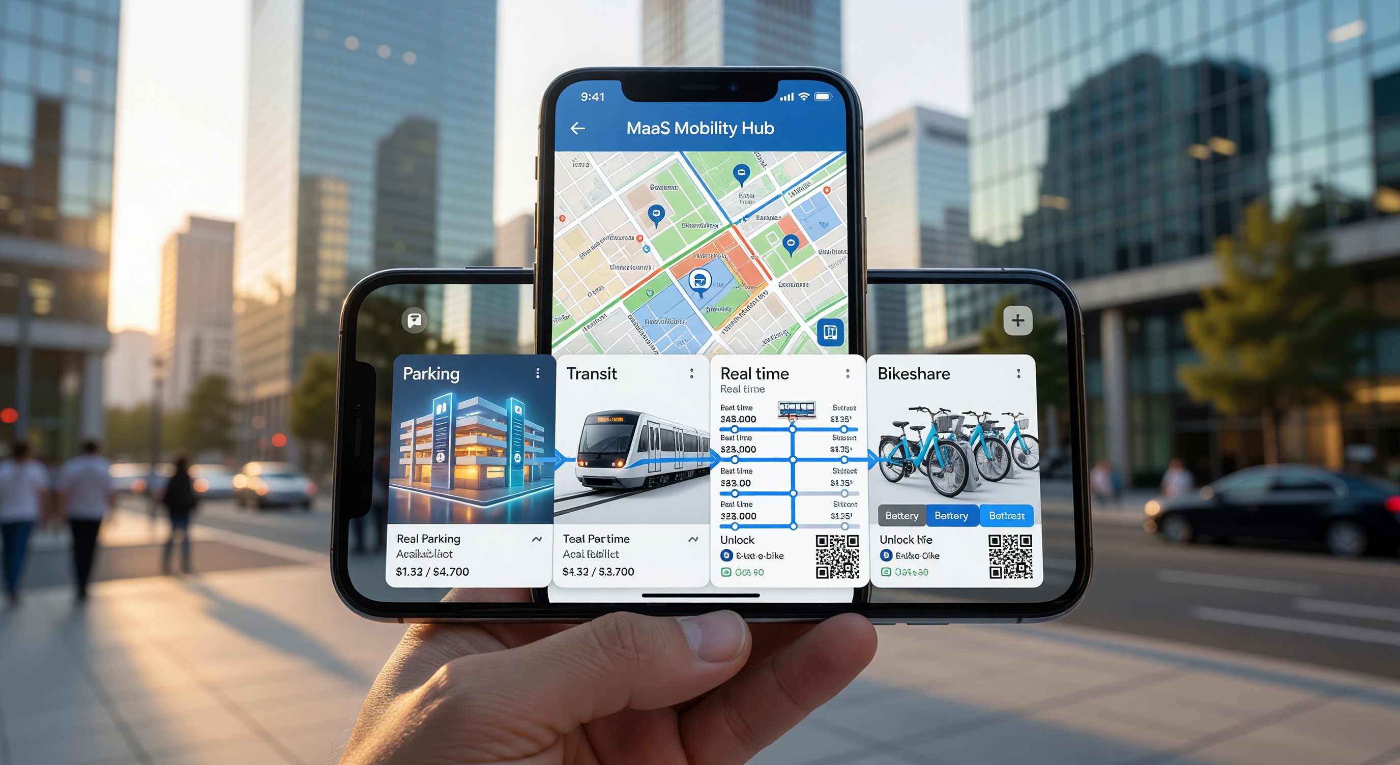 Smartphone displaying MaaS mobility app showing multiple transportation modes including parking, transit, and bikeshare options