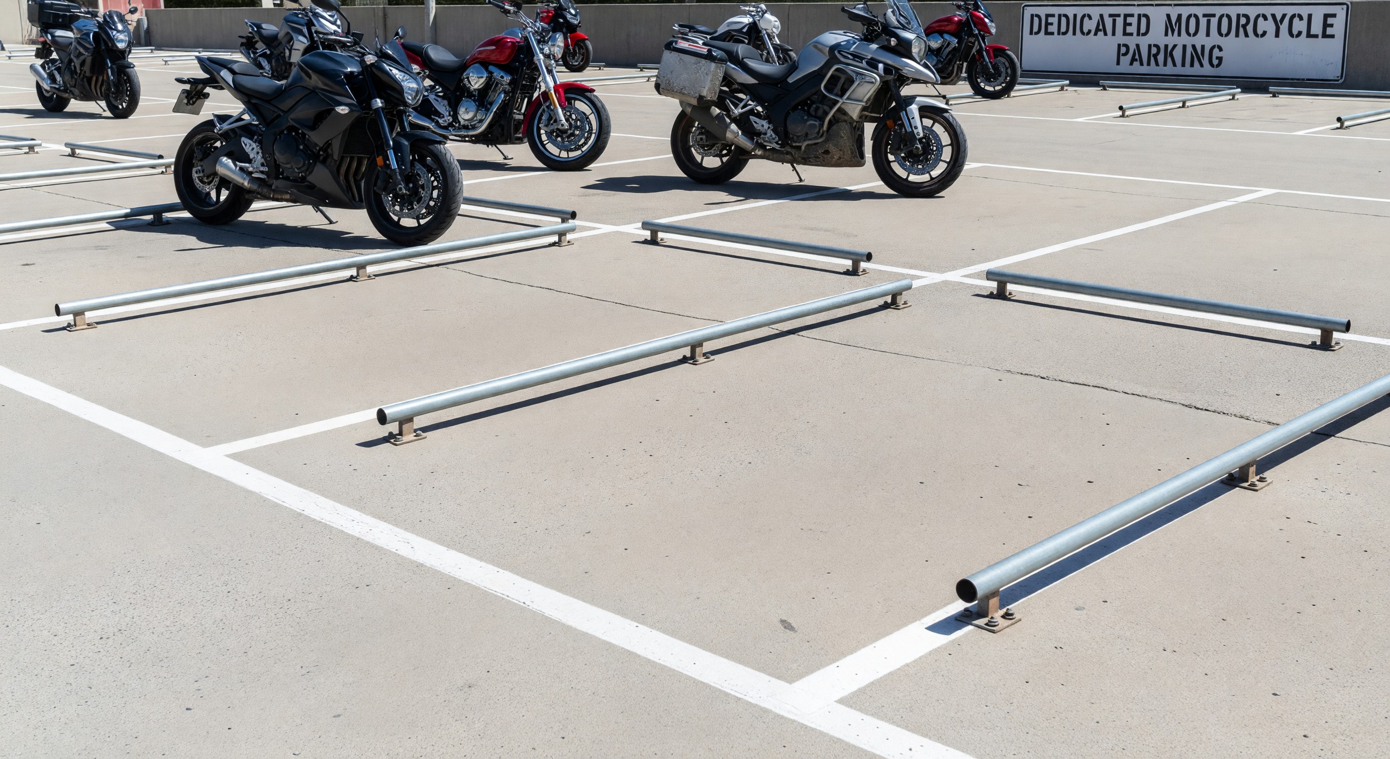 Dedicated motorcycle parking zone with marked stalls and wheel guides