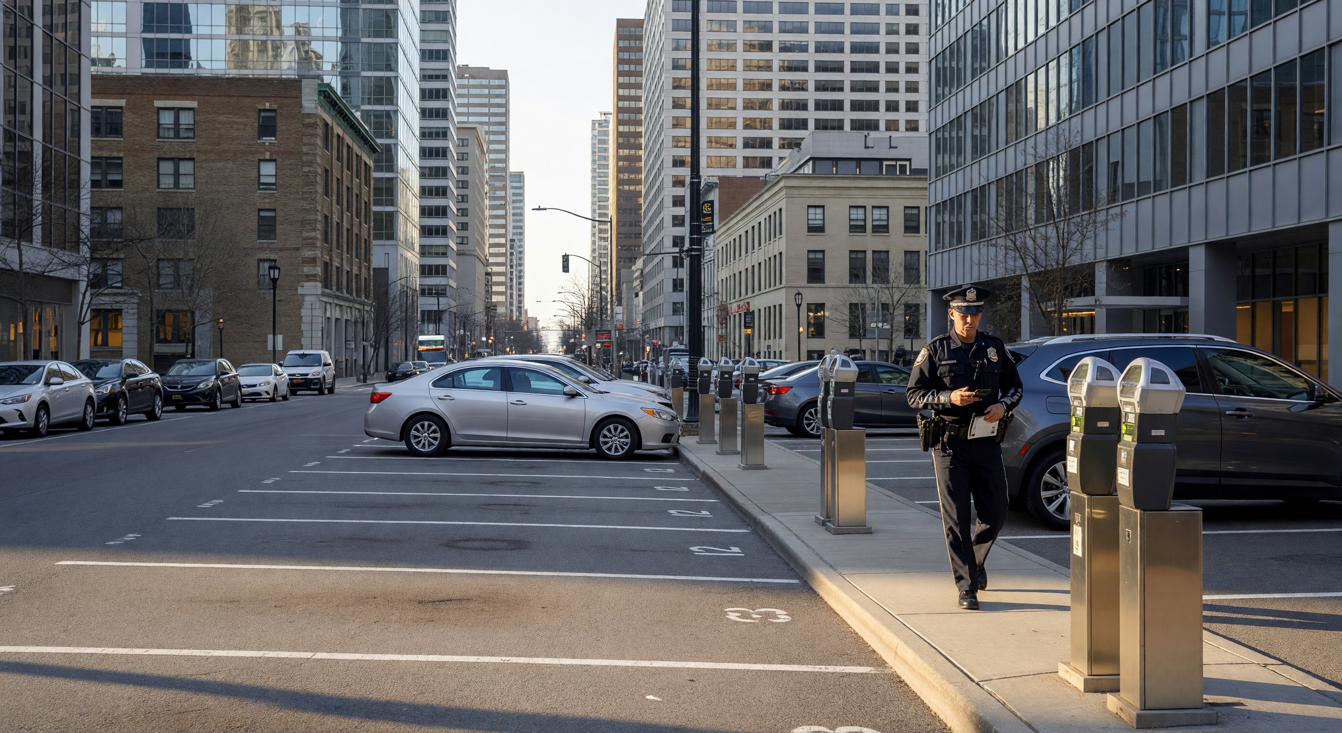 Downtown city street with metered parking spaces, parking meter kiosks, and parking enforcement officer