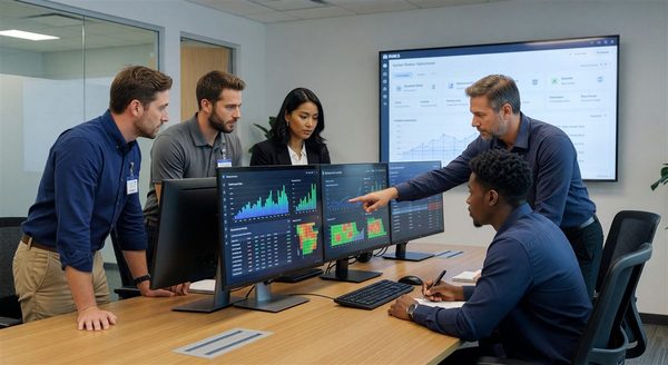 Parking technology team reviewing PARCS software demonstration on multiple screens