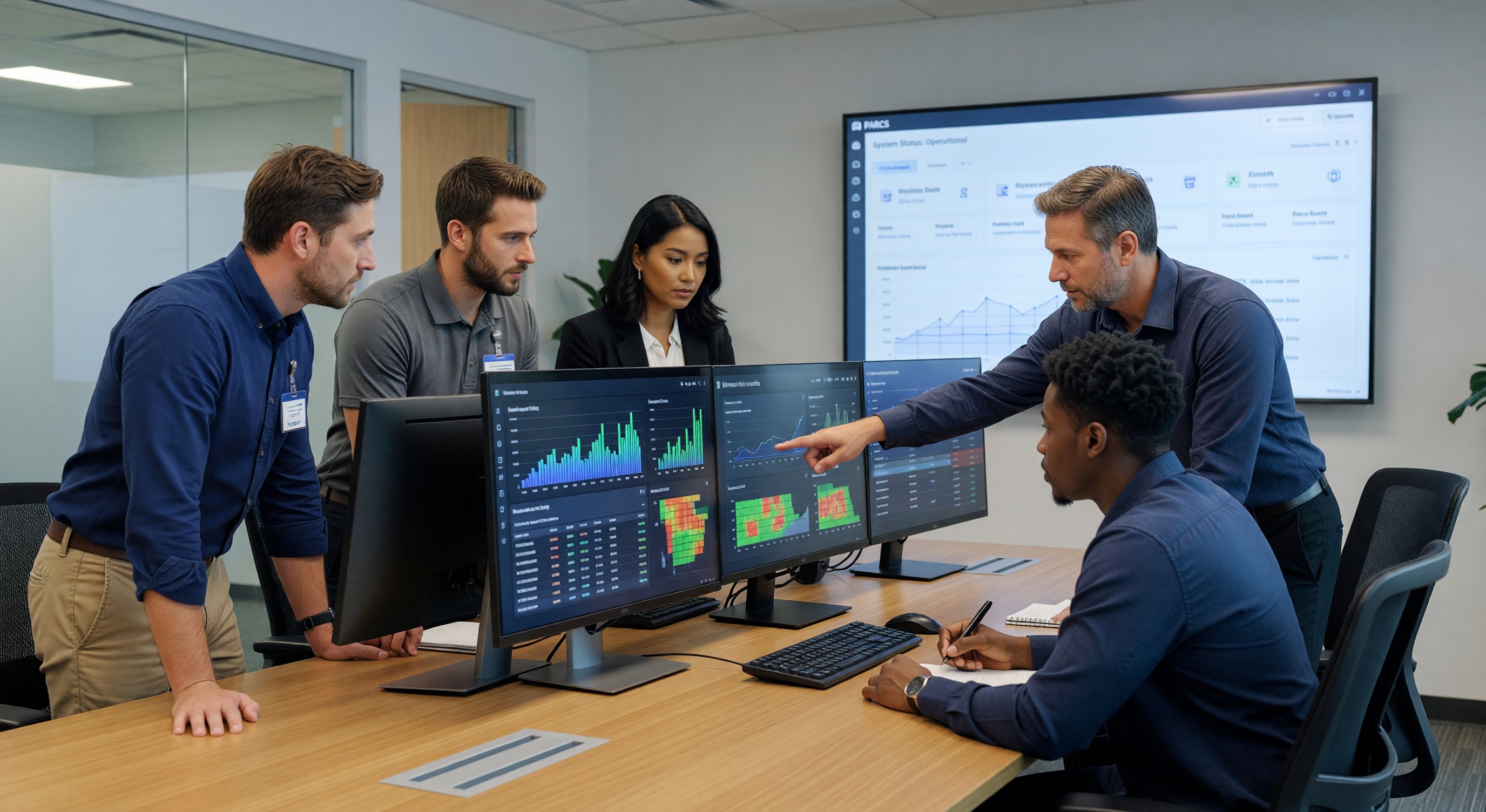 Parking technology team reviewing PARCS software demonstration on multiple screens
