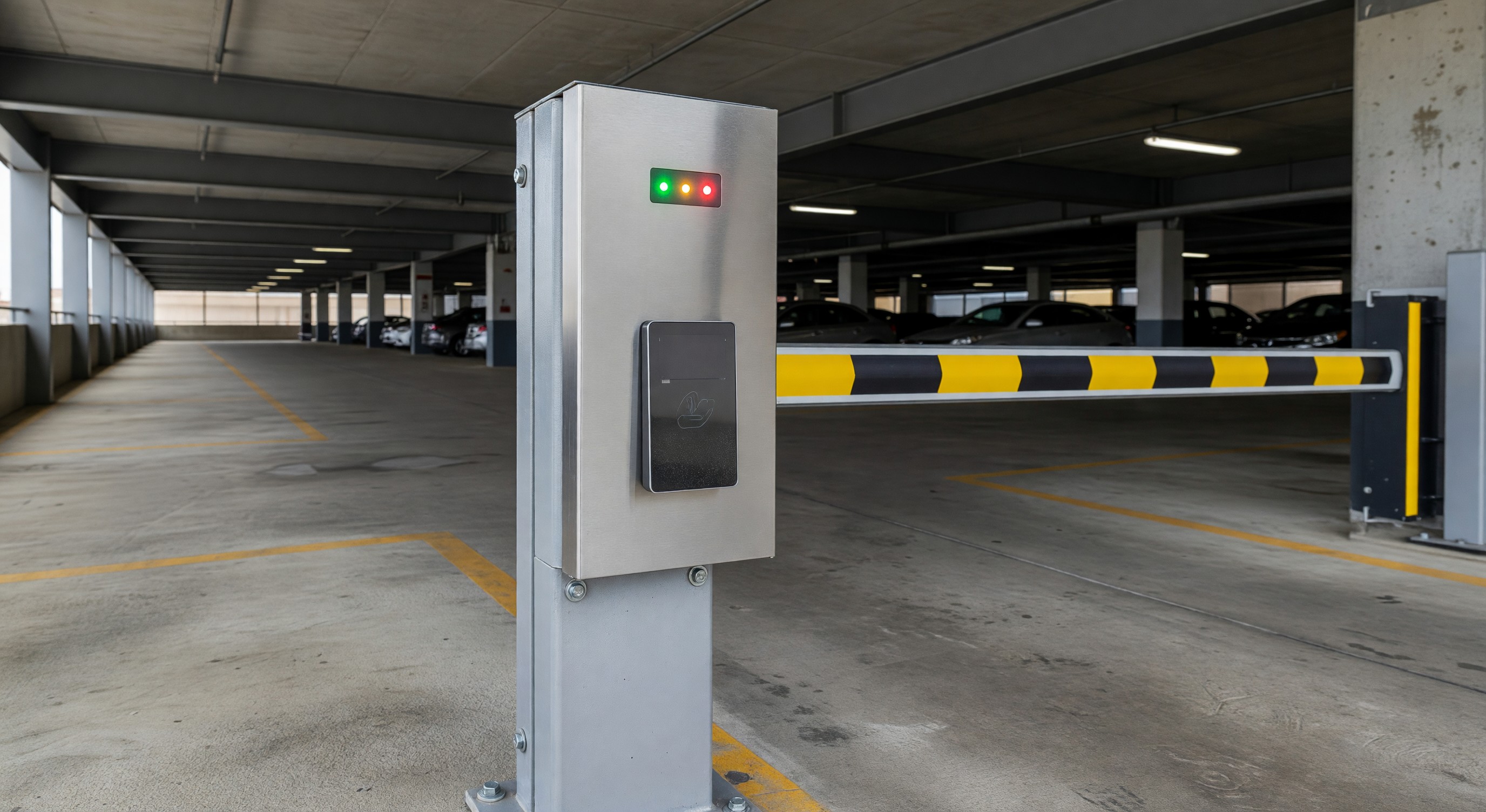 Parking facility access control panel with cloud connectivity indicator and credential reader at entry gate