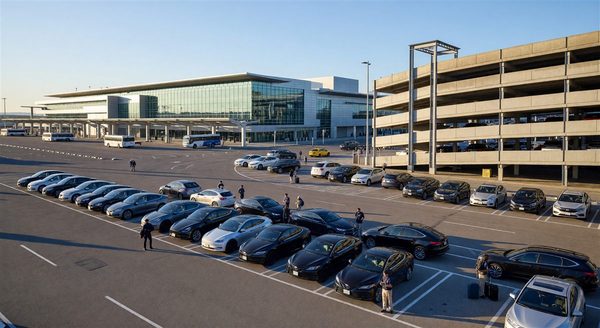 Airport terminal with multiple ground transportation zones showing TNC staging area and parking structure