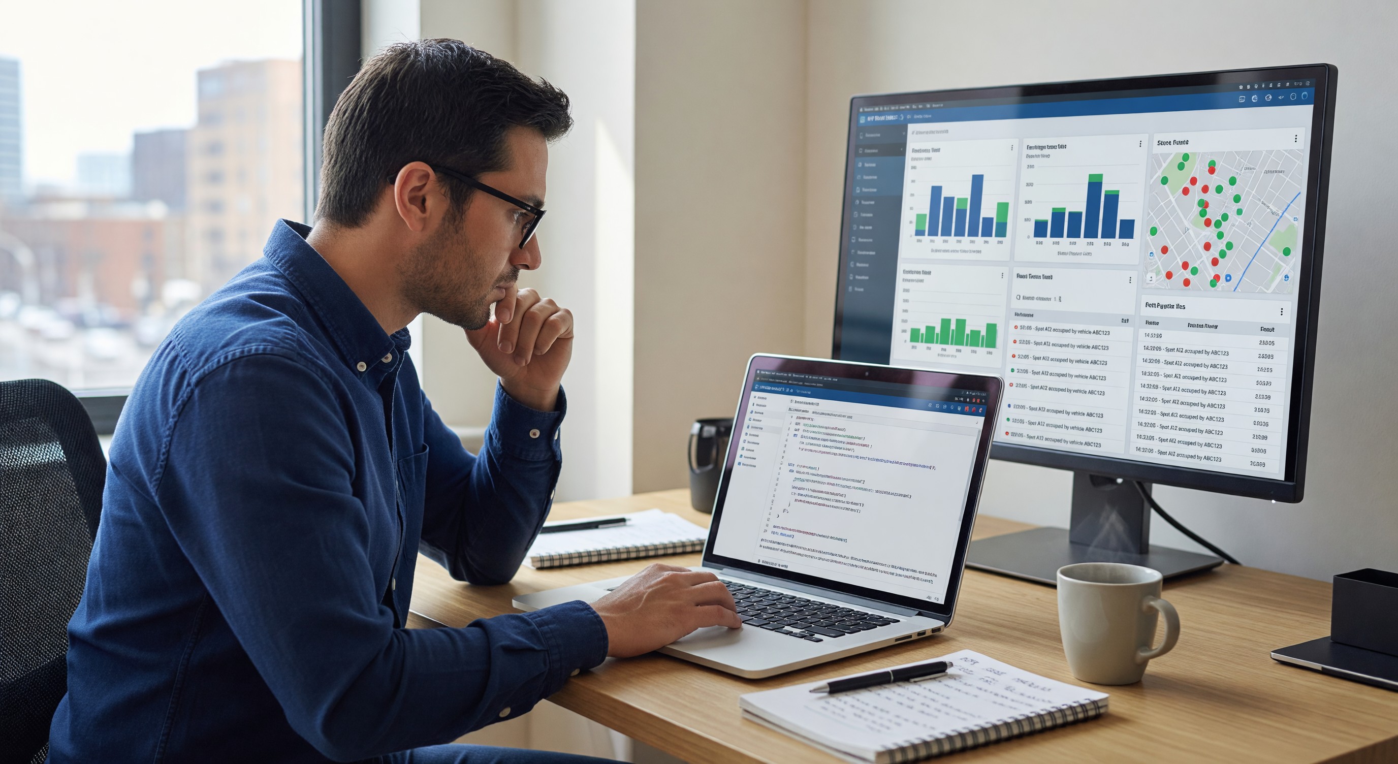 Developer reviewing API documentation on laptop screen next to parking management system dashboard